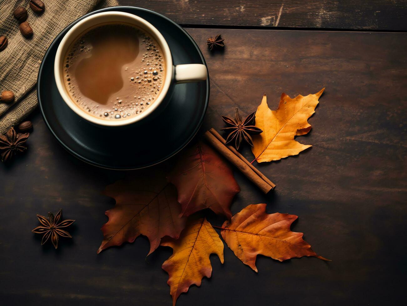 parte superior ver de café en otoño concepto fondo, acción de gracias estilo, ai generado foto