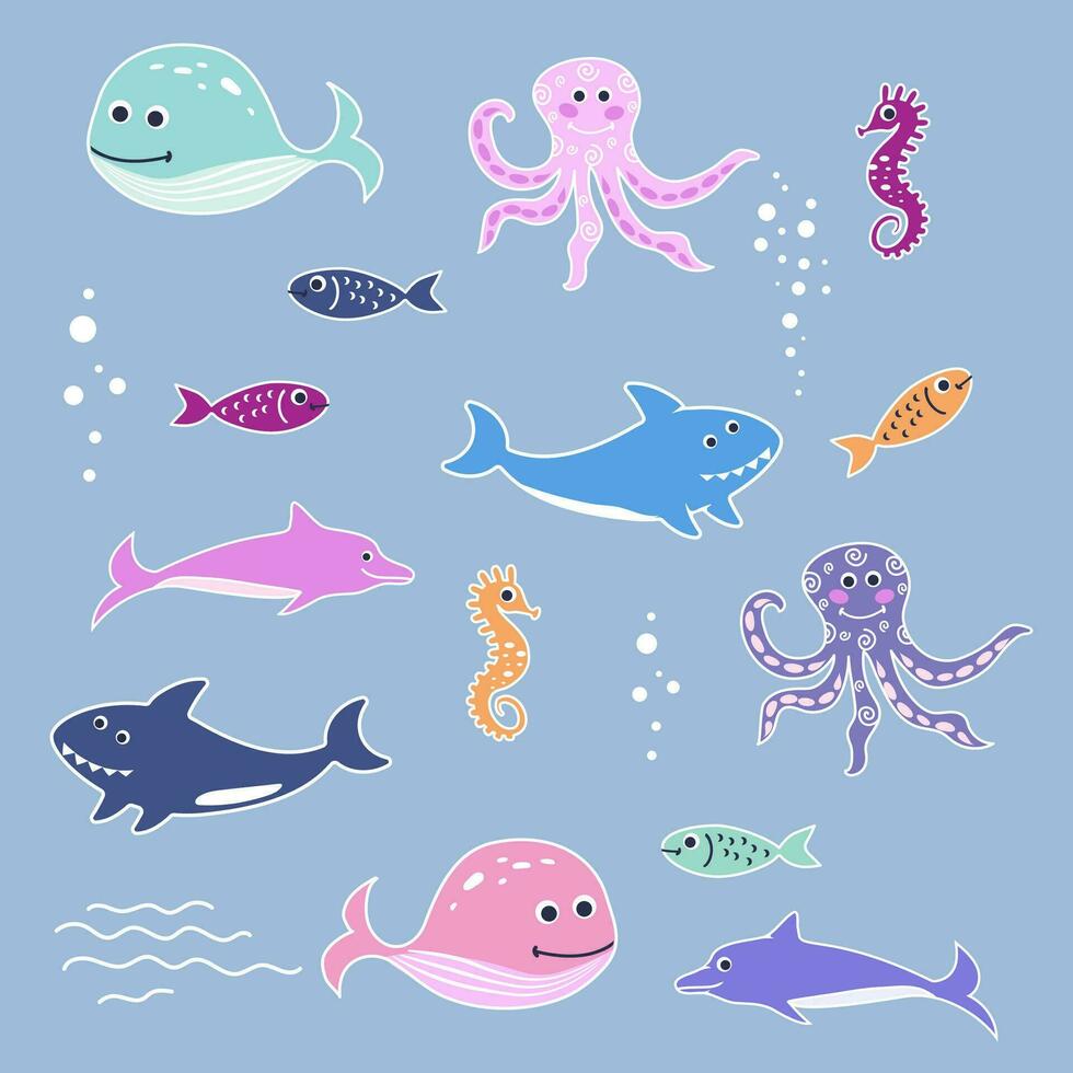 conjunto con nadando pez, ballenas, tiburones, pulpos y caballitos de mar vector