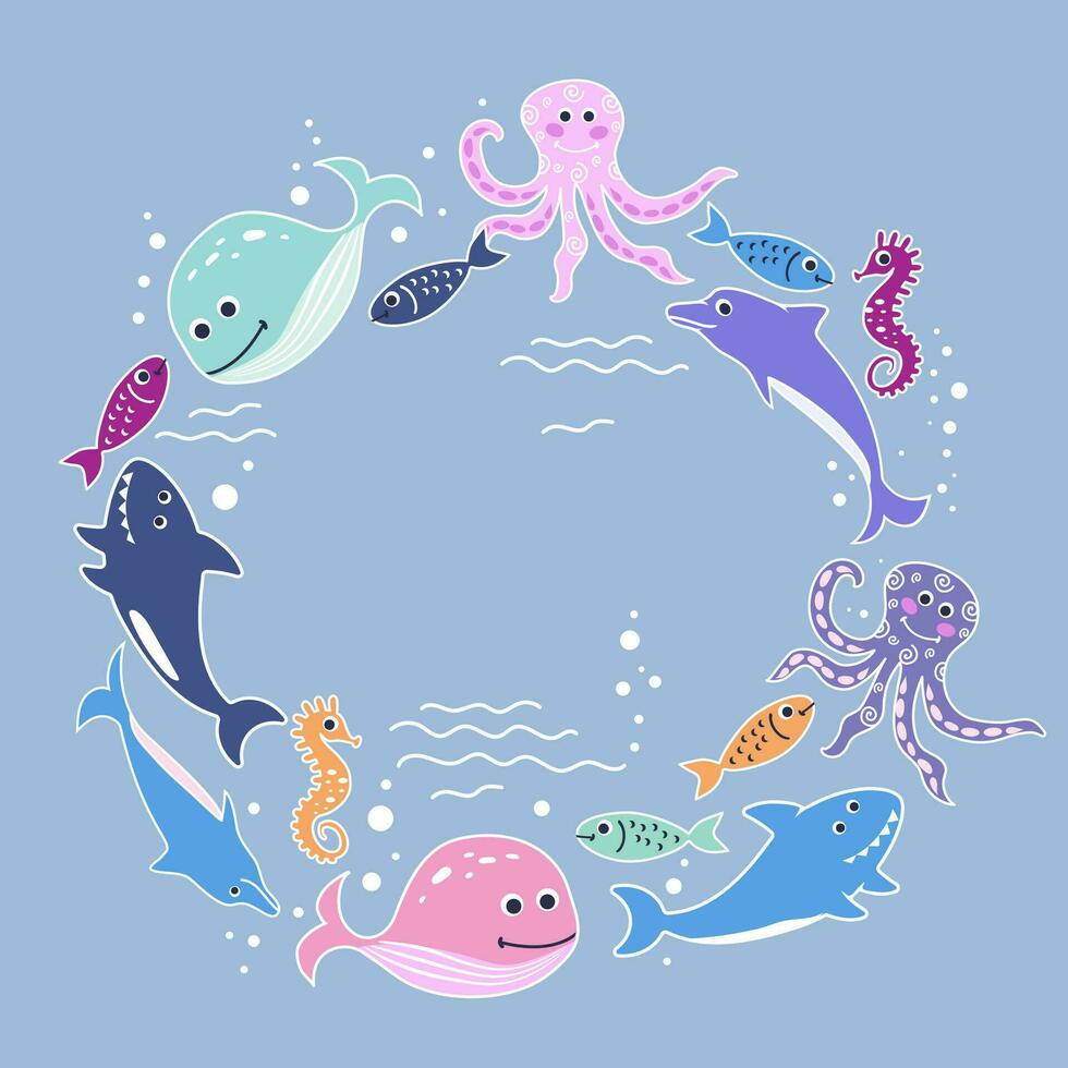 Frame with swimming fish, whales, sharks, octopuses and seahorses. vector