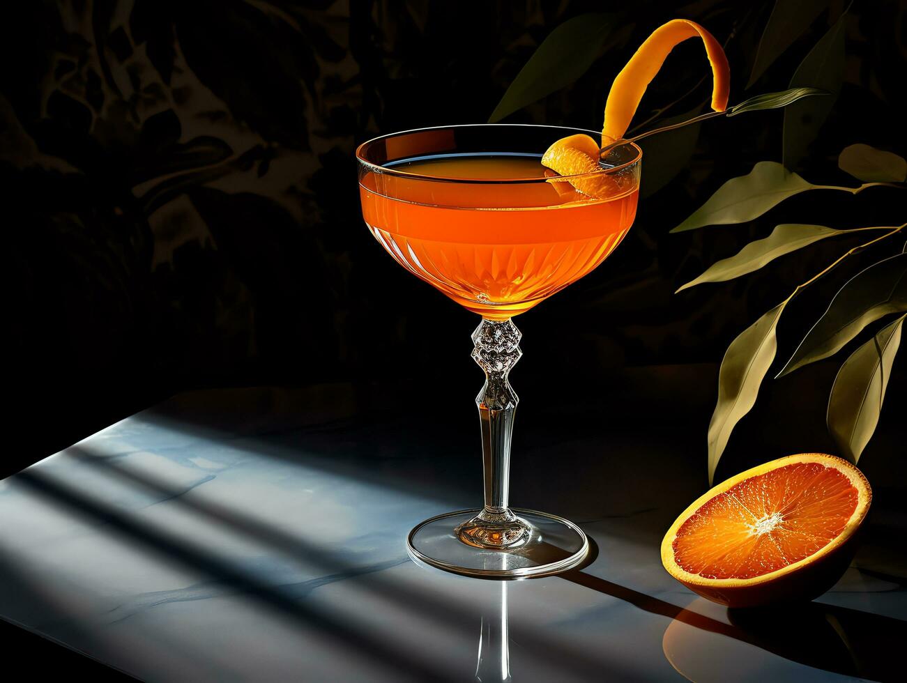 Cocktail with fresh orange on light and shadow in night bar,AI Generated photo