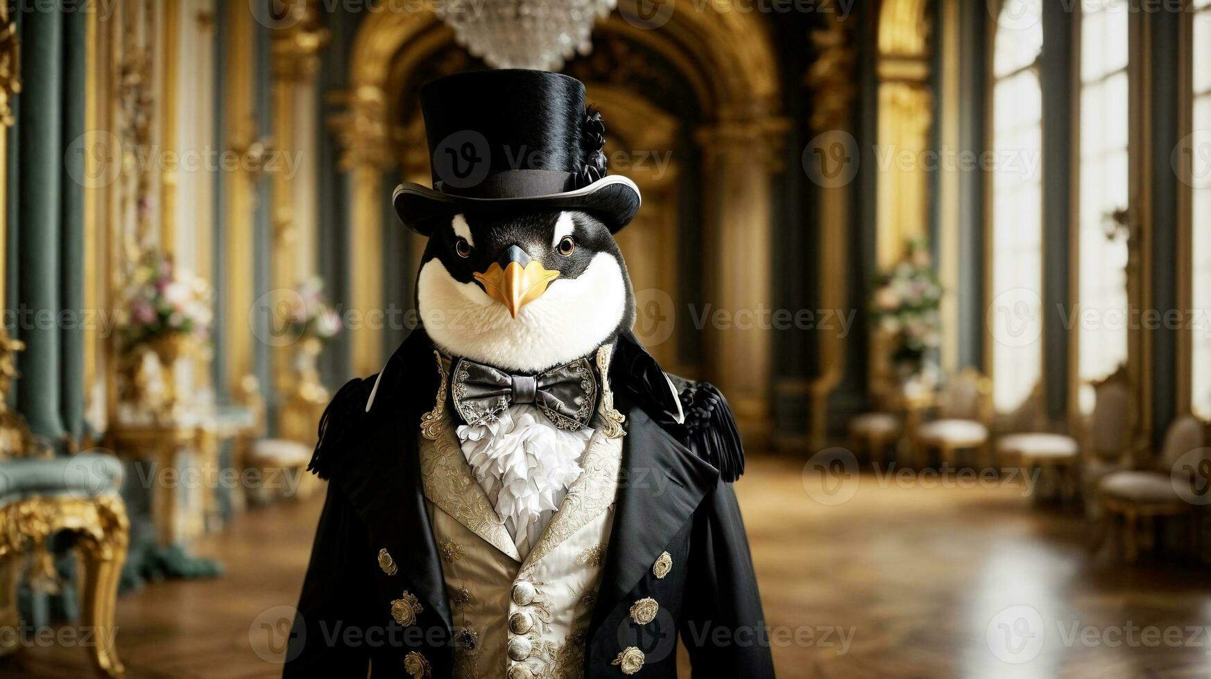 Anthropomorphic Series - A dandy penguin in a Renaissance palace - AI Generative photo