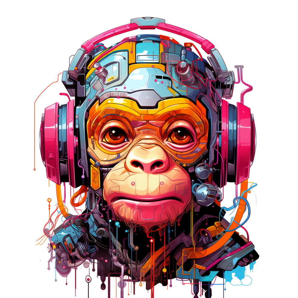 cartone animato scimmia robot. maglietta, etichetta. cyberpunk stile. ai generato png