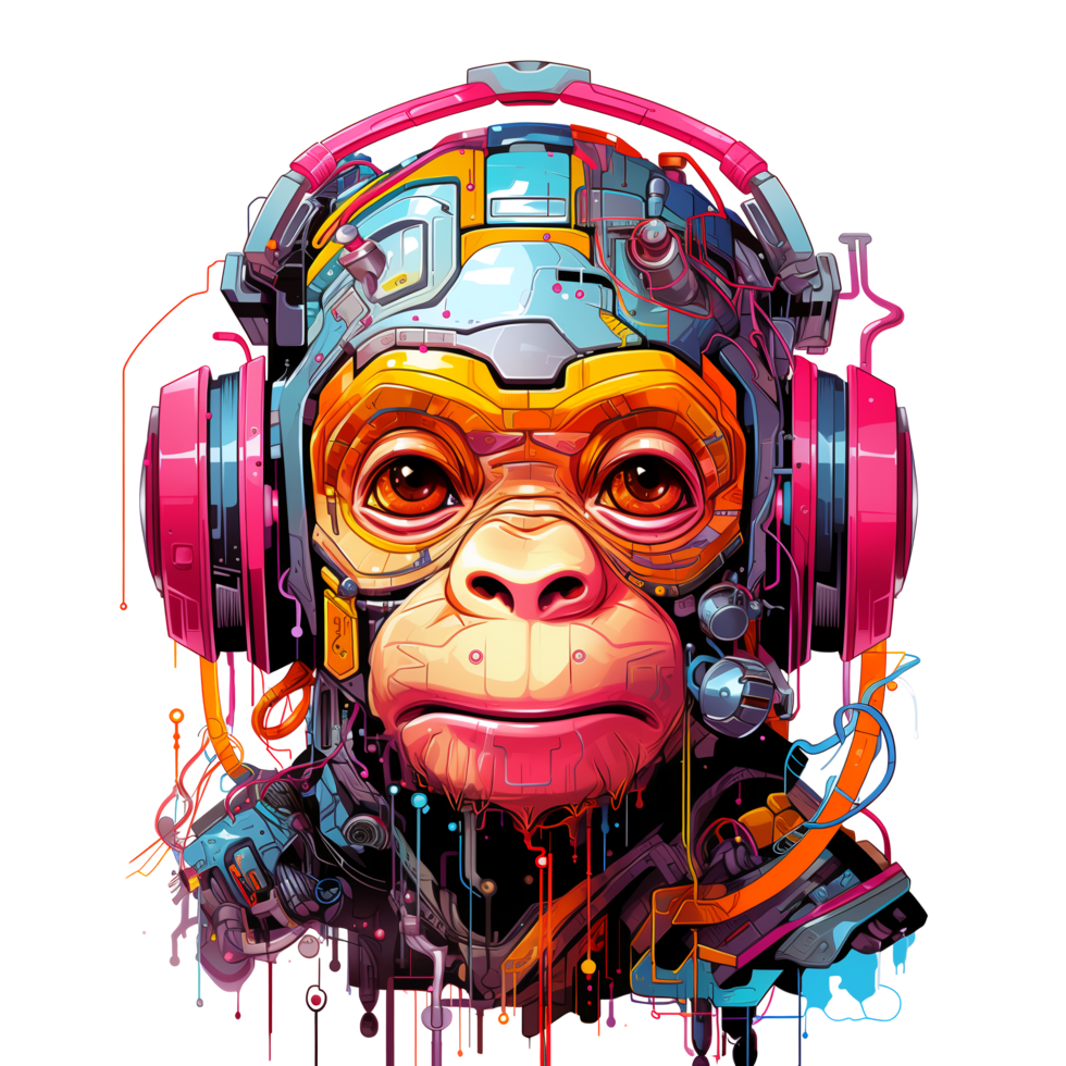 desenho animado macaco robôs. camiseta, adesivo. cyberpunk estilo. ai gerado png