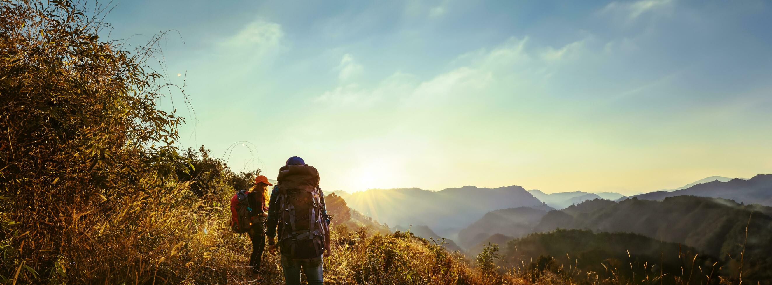 Lover woman and man Asian travel nature. Travel relax. Natural Touch countryside. On the Moutain. Thailand photo