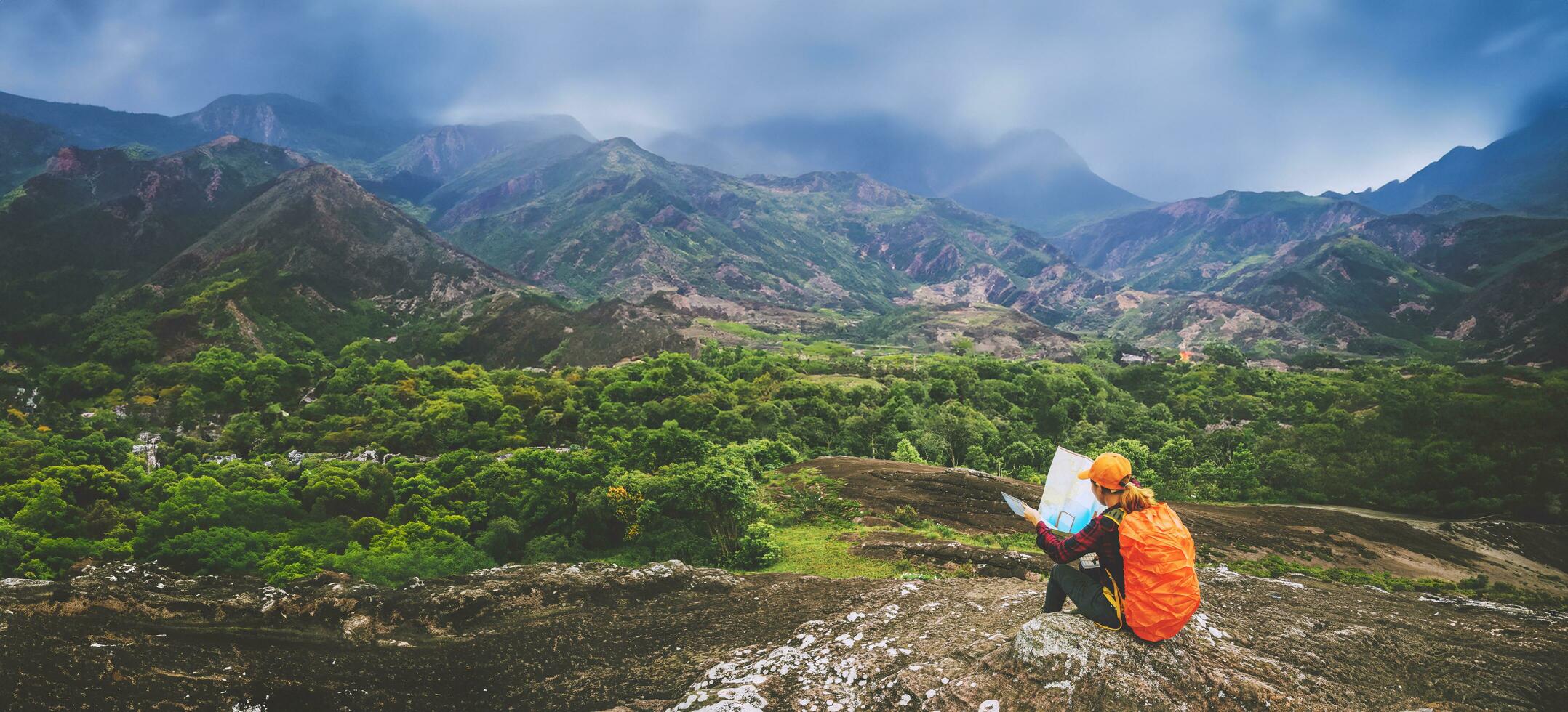 women asians travel relax in the holiday. View map Explore the mountains photo