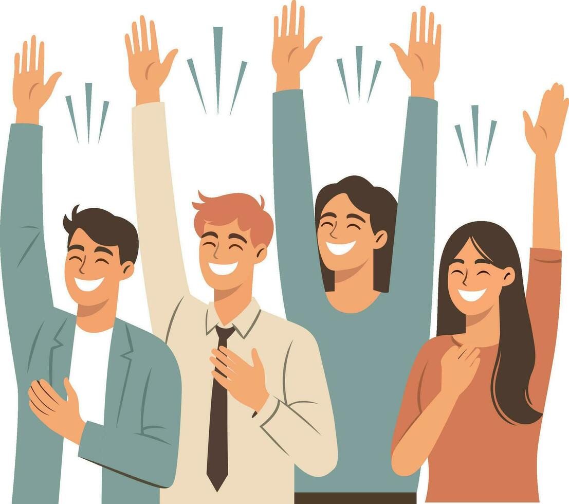 People smiling and raising hands vector illustration, Group of happy people raising hands stock vector image