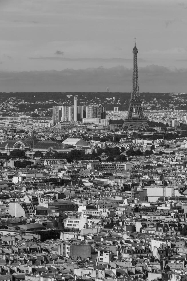 black and white photo of Paris with Eiffel tower