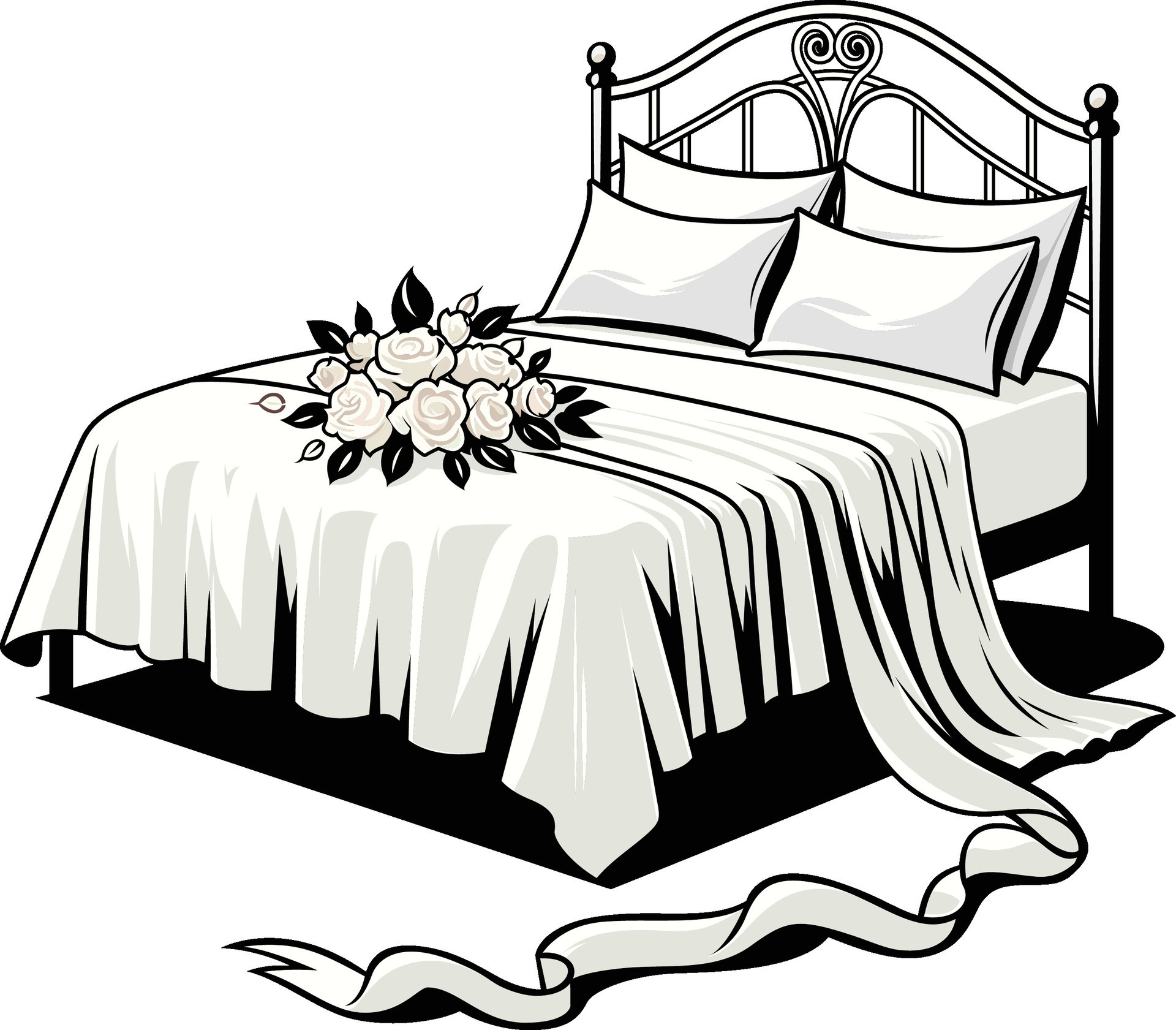 Wedding bed with a silky white sheet and satin ribbons, vector