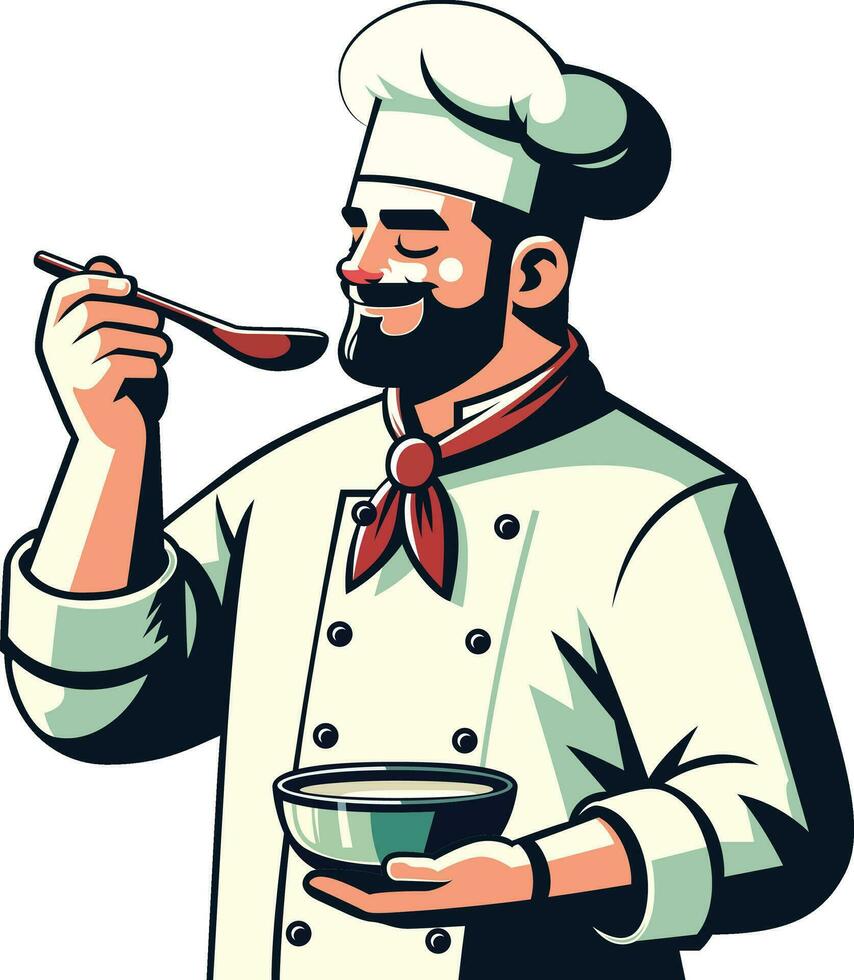 Chef tasting food vector illustration, chef, with a stout build and a cheerful expression, tasting soup from a wooden spoon stock vector imag