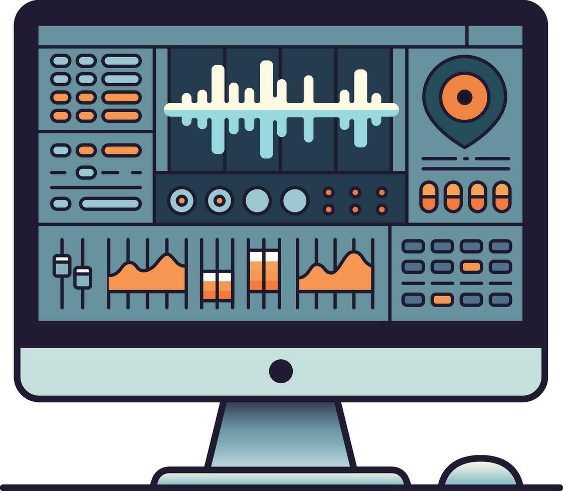 Computer monitor, with a detailed audio editing software interface open, highlighting the audio wave and editing tools vector illustration, Audio Engineer computer screen stock vector image