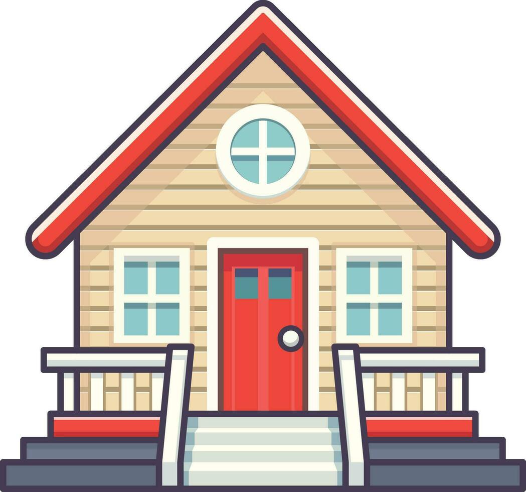Basic wooden cottage vector illustration, Wooden cottage house with a fence around it in a red theme stock vector image, Village house cartoon vector image