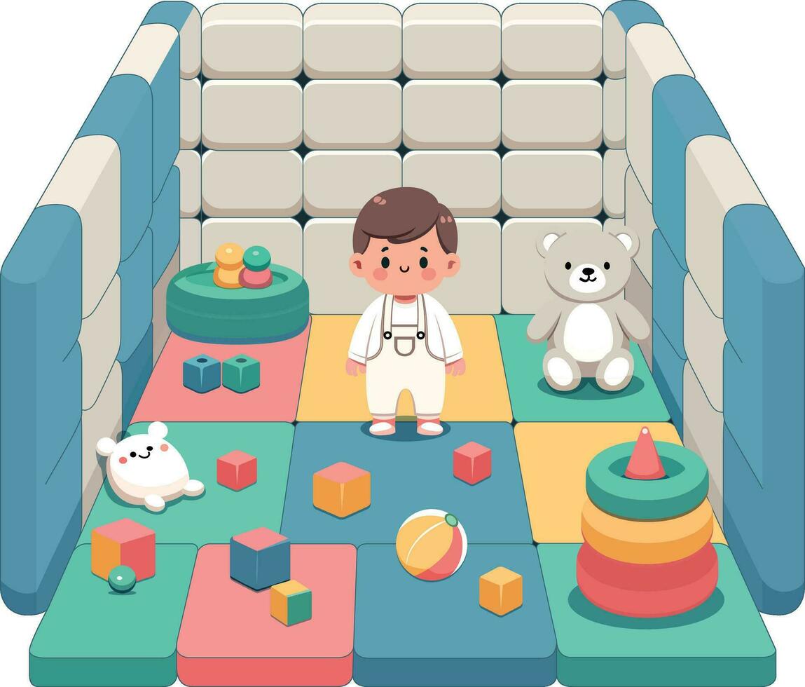 Toddler in a play area surrounded by padded walls, soft toys, and non-slip mats, exemplifying a safe, kid proof space stock vector image