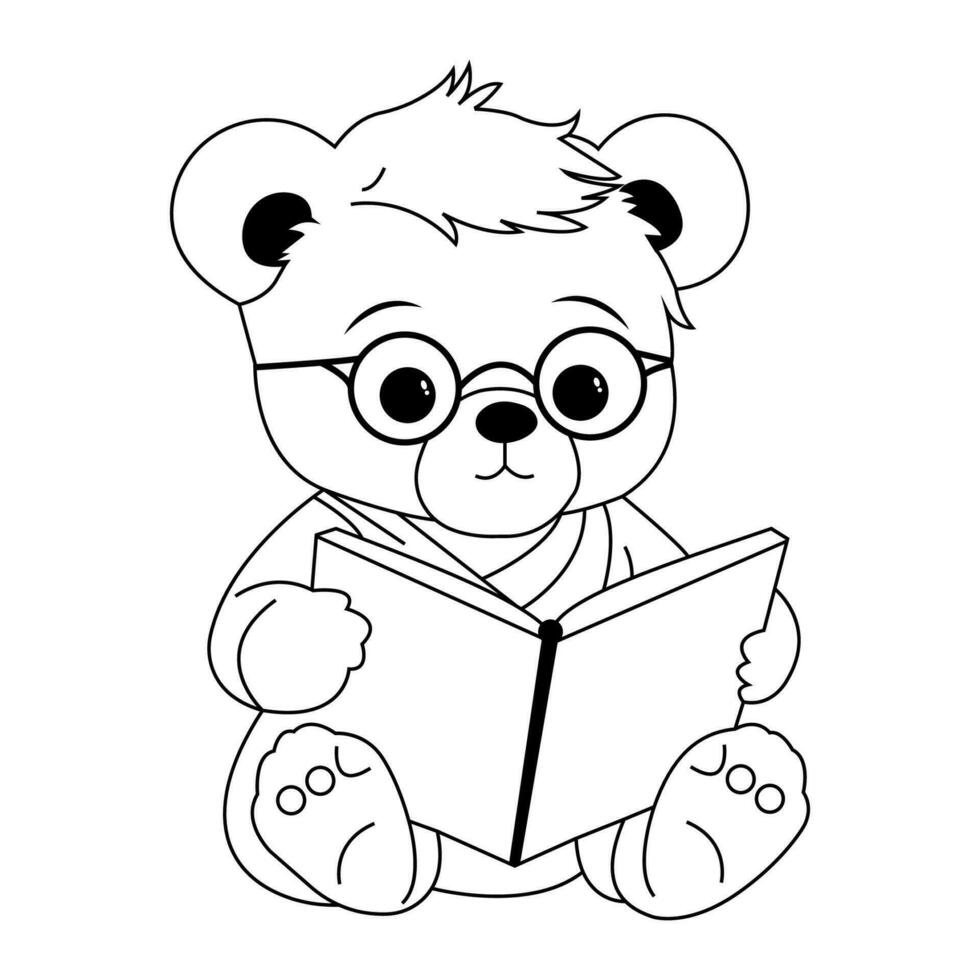 Teddy bear reading a book coloring page vector
