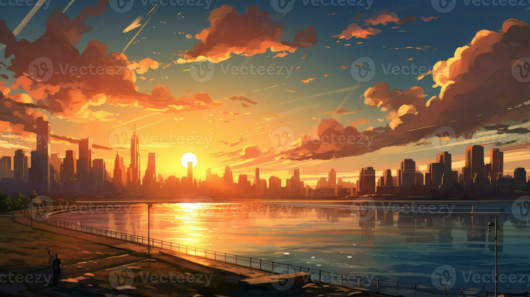Beautiful city landscape background. Cartoon summer sunset with clouds and lake. Anime style photo