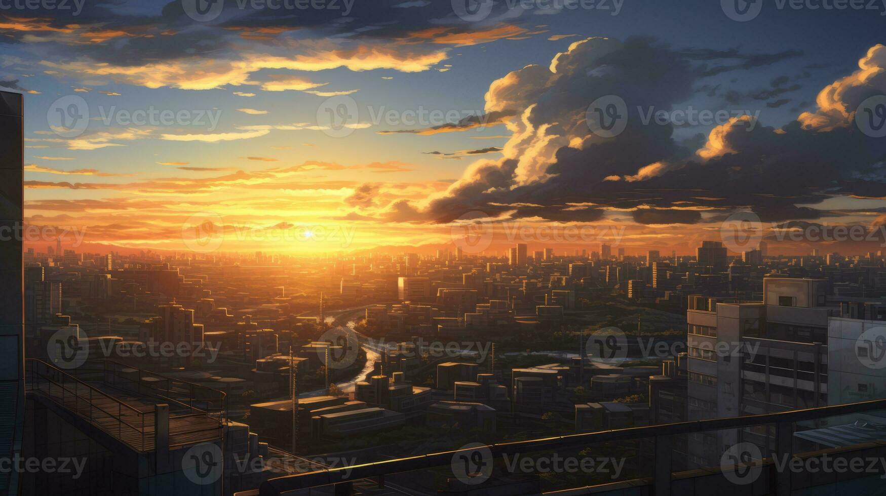 Beautiful city landscape background. Cartoon summer sunset with clouds. Anime style photo