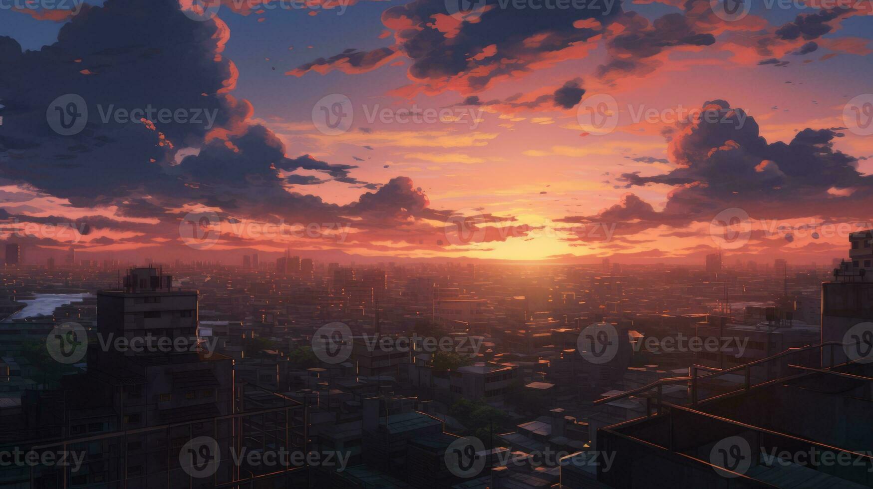 hermosa ciudad paisaje antecedentes. dibujos animados verano puesta de sol con nubes anime estilo foto