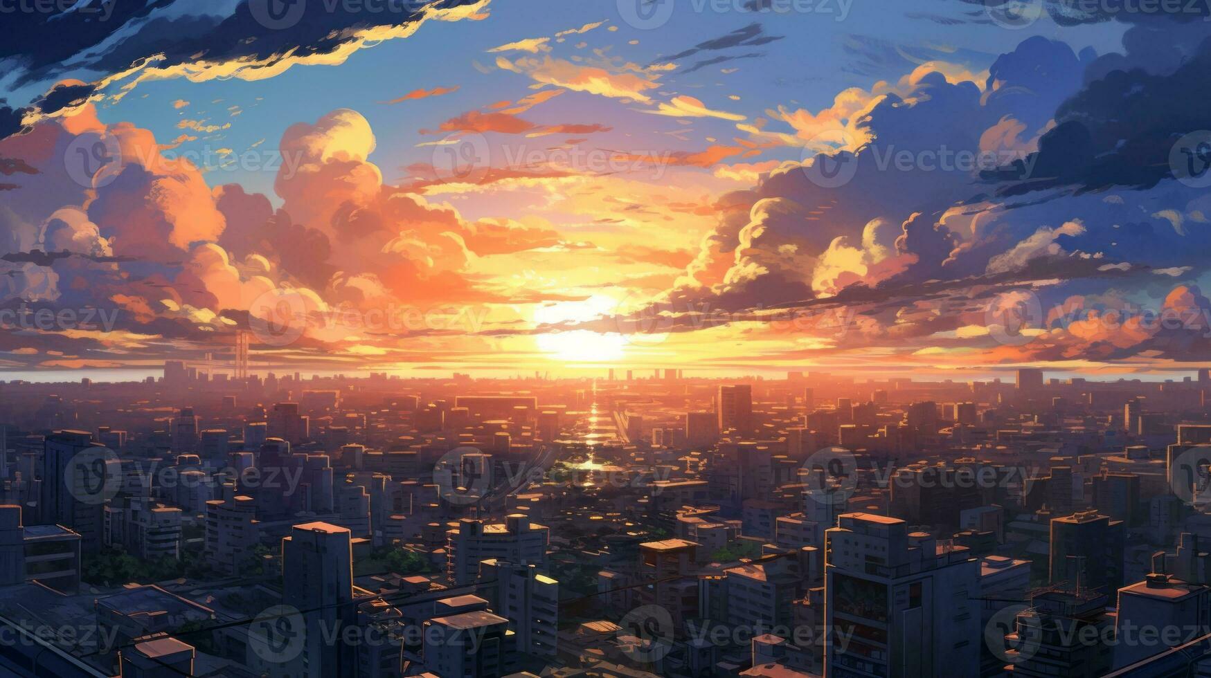 Beautiful city landscape background. Cartoon summer sunset with clouds. Anime style photo