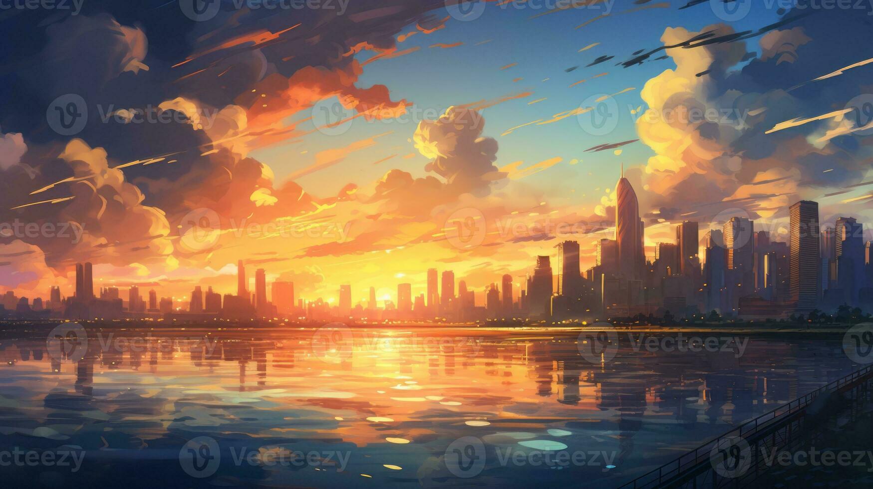Beautiful city landscape background. Cartoon summer sunset with clouds and lake. Anime style photo