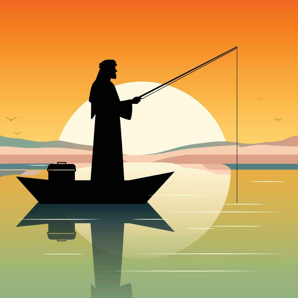 Fisherman, Egyptian, casting a line into Nile River at dawn, vector illustration, Egyptian fisherman on a boat stock vector image