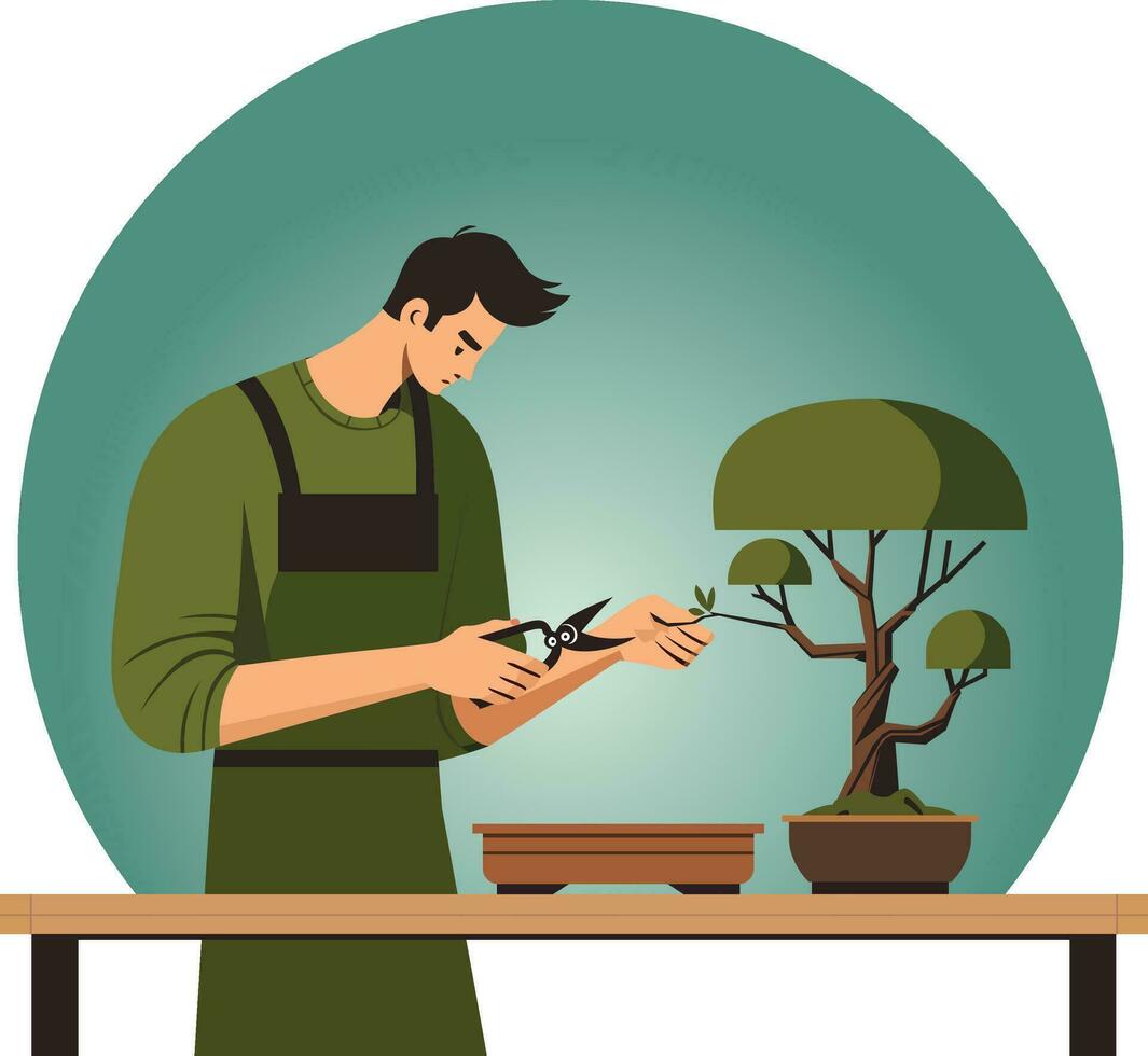 Gardener, Hispanic, carefully pruning a bonsai tree vector illustration, bonsai artist cutting and shaping a bonsai tree in a pot stock vector image