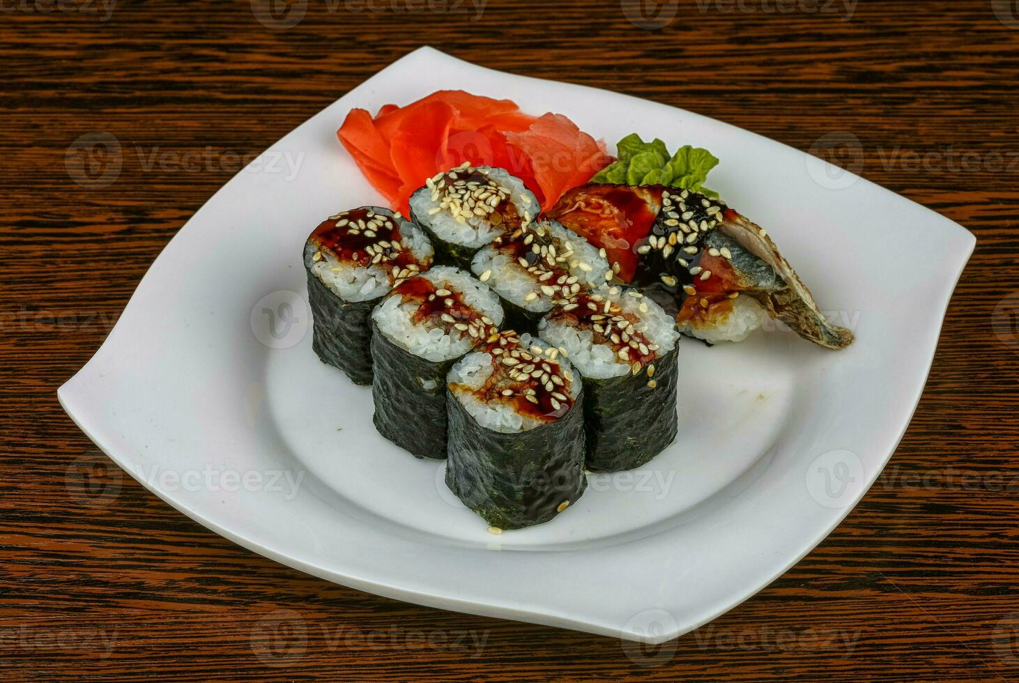 Eel sushi over wooden photo