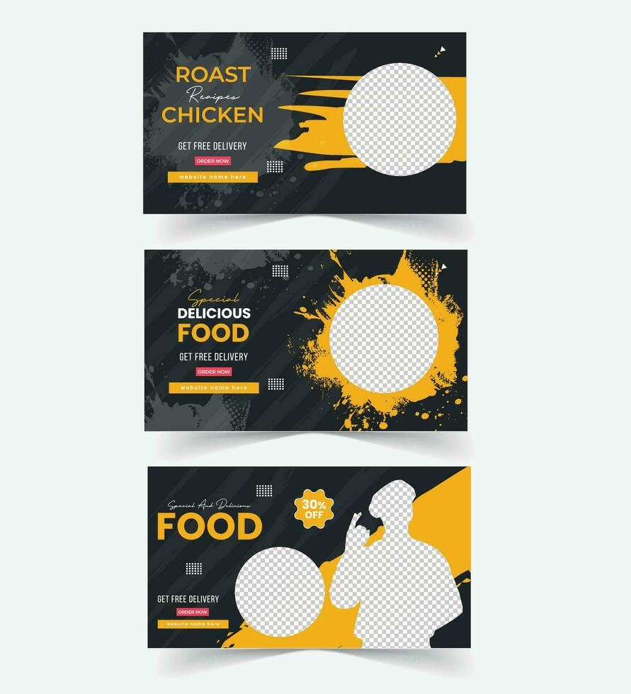 especial delicioso comida nuevo menú promocional rebaja ofertas web bandera miniatura, y vídeo miniatura diseño. vector