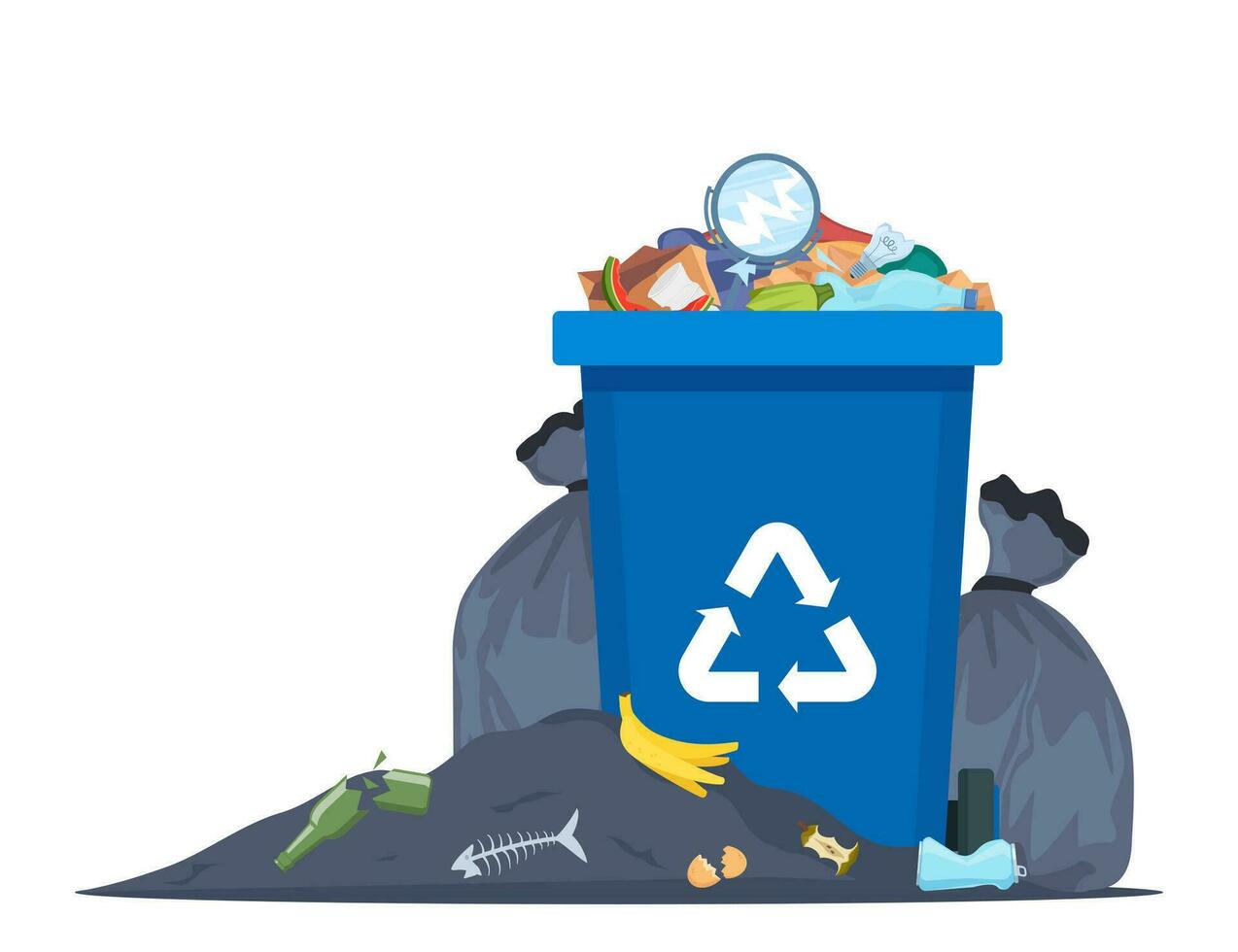 Overflowing trash can. Food garbage in waste bin with nasty smell. Rubbish dump and trash recycling, black bags with trash. Vector illustration.