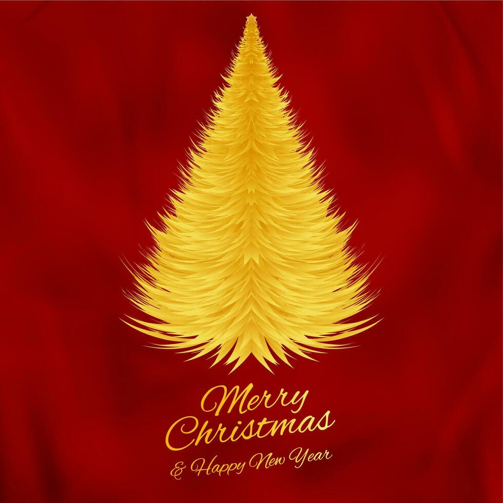 Merry Christmas and happy new year, gold Christmas tree on red silk background. vector