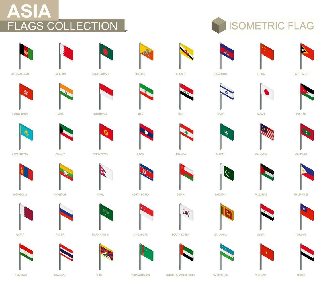 Isometric flag collection, countries of Asia. vector