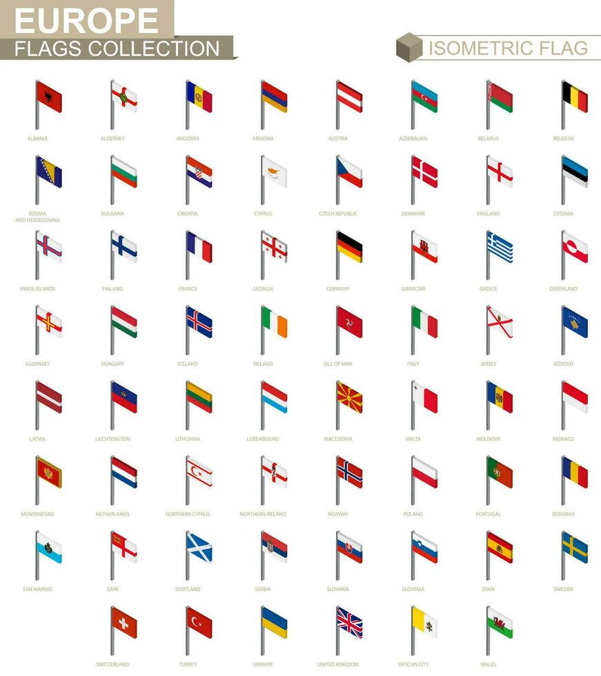Isometric flag collection, countries of Europe. vector