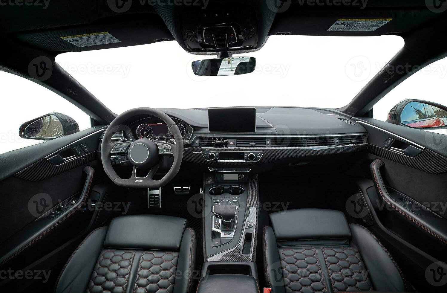 Inside moden car background, luxury car interior elements wallpaper. Black leather car interior photo
