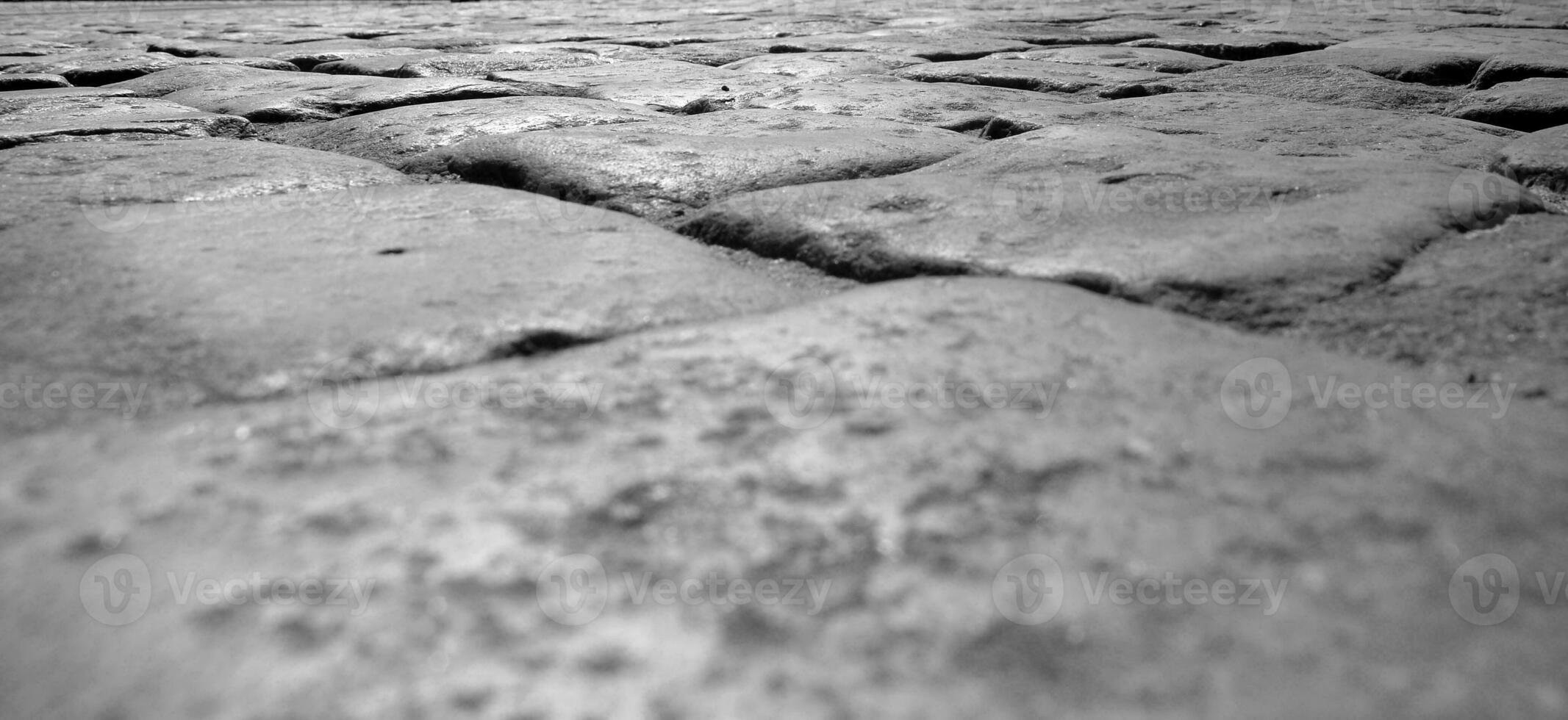 Old stones road pavement, close view black and white background photo