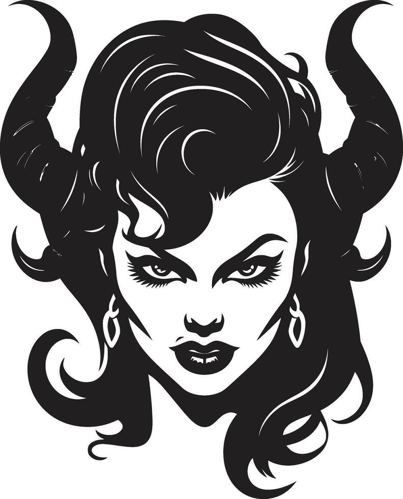 Dark Enchantment Black Logo with Beautiful Demon Sultry Temptation Vector Icon in Black