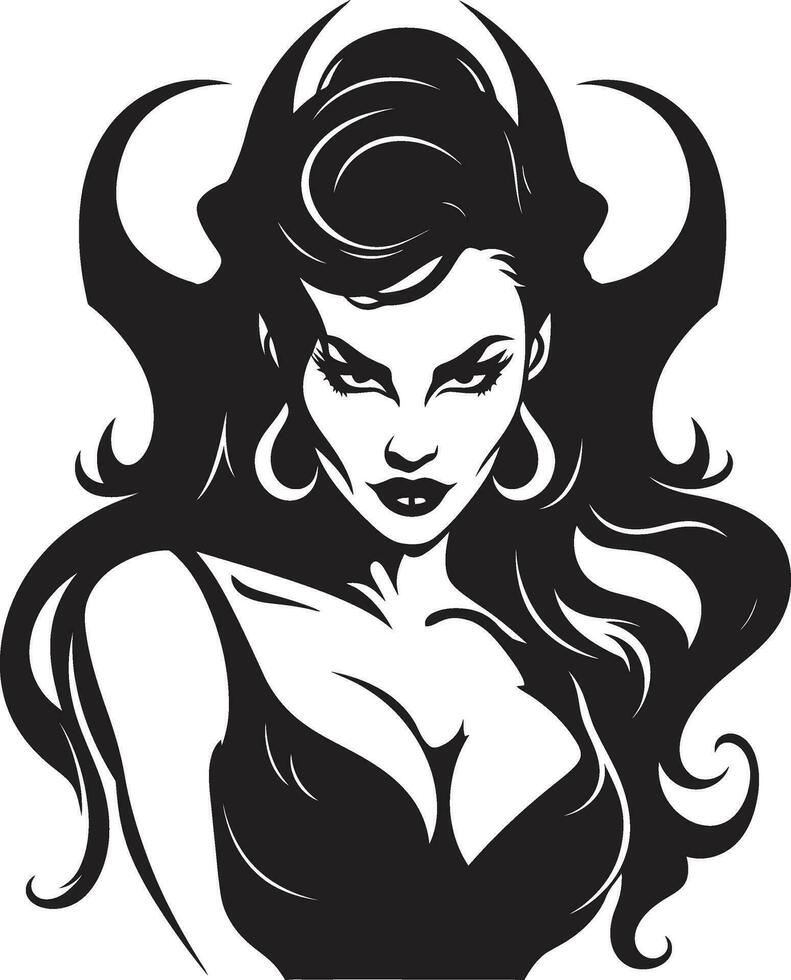 pecaminoso tentadora enigmático demonio emblema diseño seductor belleza desvelado elegante enigma con hermosa hembra demonio vector