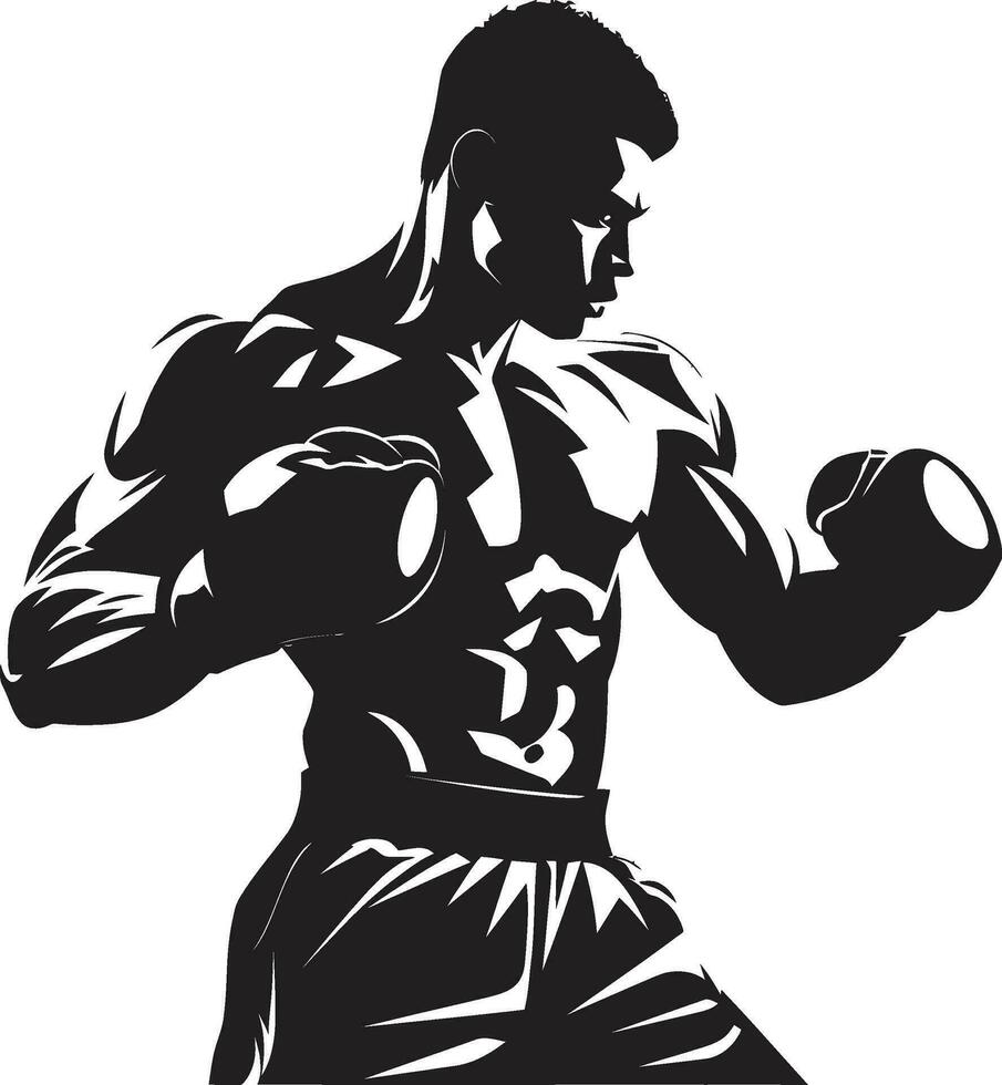 Pugilistic Prowess Unveiled Black Logo with Boxing Man Mighty Moves Vector Icon in Black