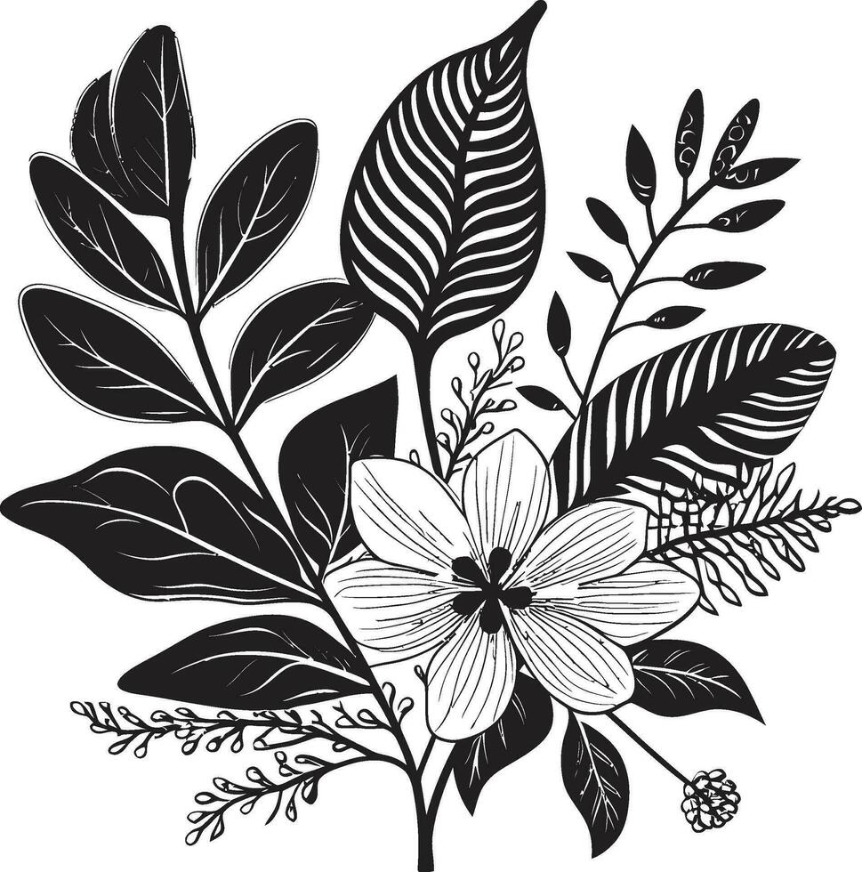 Botanical Paradise Black Logo with Tropical Florals Island Escape Vector Icon in Black