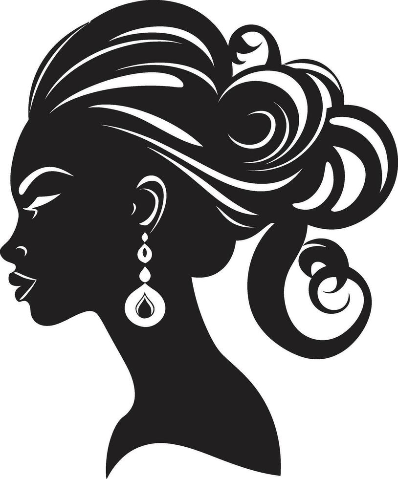 Empowerment through Serenity Black Female Face Emblem in Monochrome Intriguing Elegance Vector Icon of Females Face in Black Monochrome