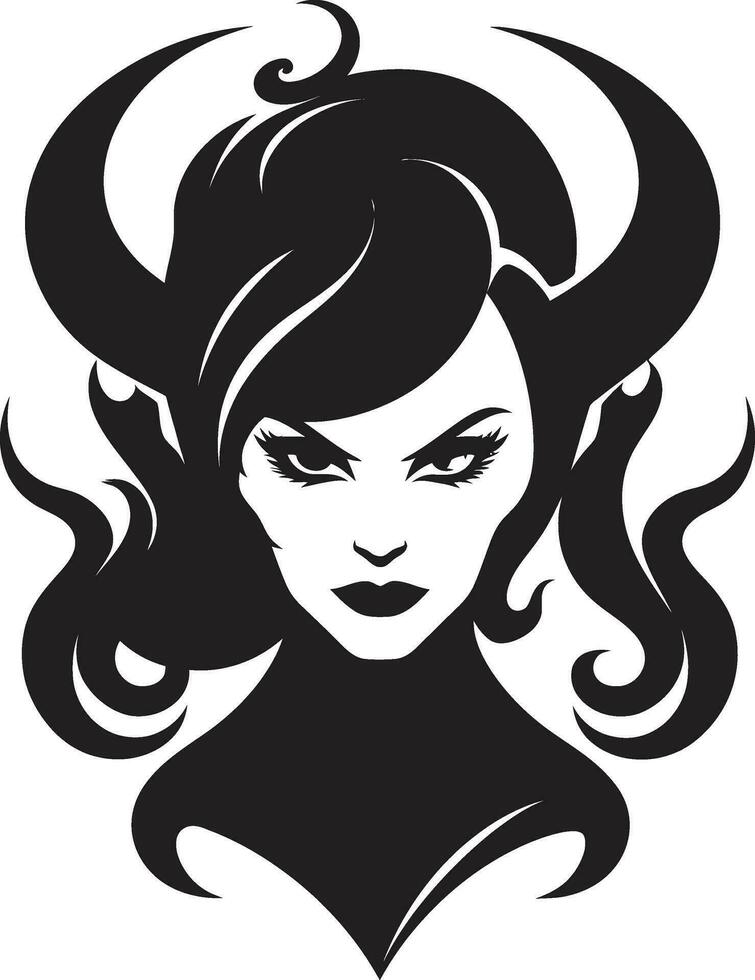 elegante enigma desvelado tentador demonio emblema en negro místico seducir hermosa hembra demonio icono en vector