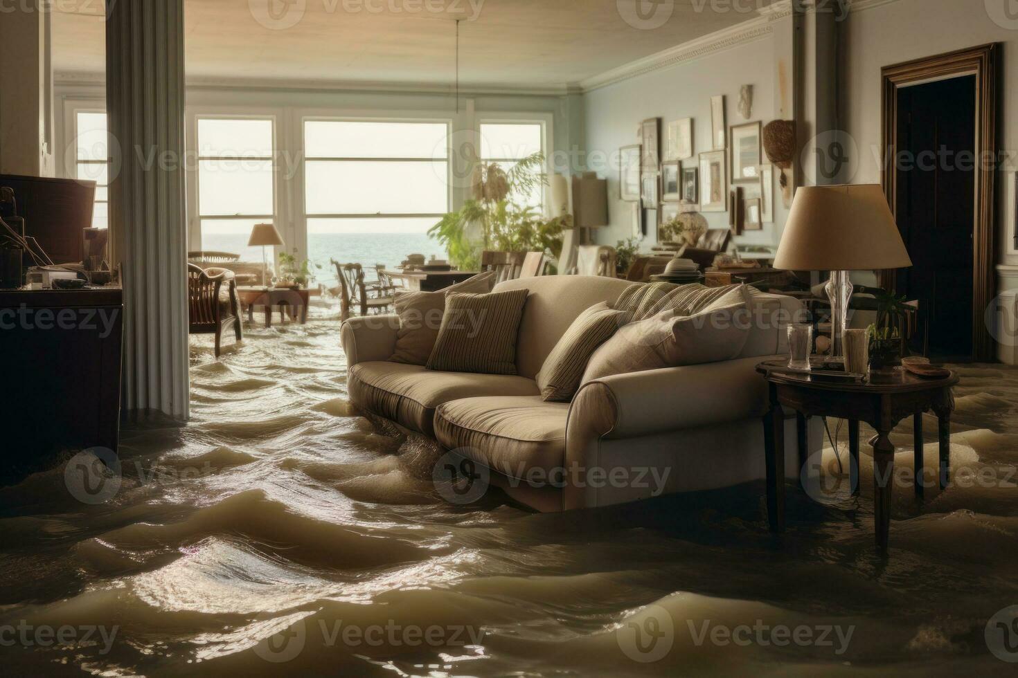 Flooded living room in residential house. Generative AI photo