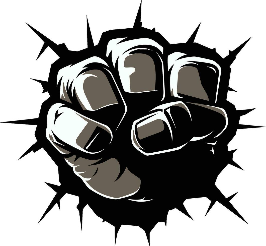 Punching Through Cartoon Fist and Cracked Wall Emblem Shattered Wall Strength Black Logo with Cartoon Fist vector