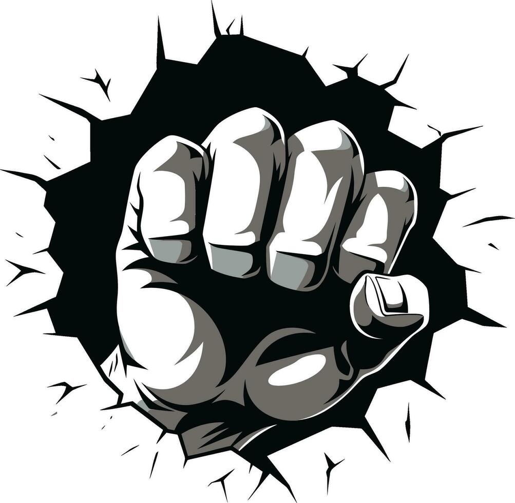 Mighty Impact Cartoon Fist and Wall Logo Wall Shattering Elegance Black Vector Icon