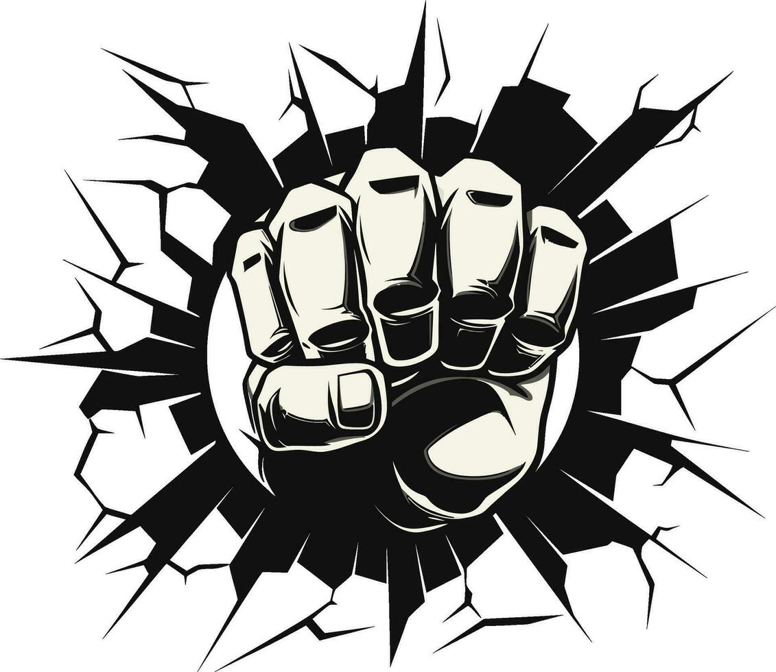Epic Cartoon Art Punching Fist and Broken Wall Iconic Force Unleashed Black Emblem Design vector