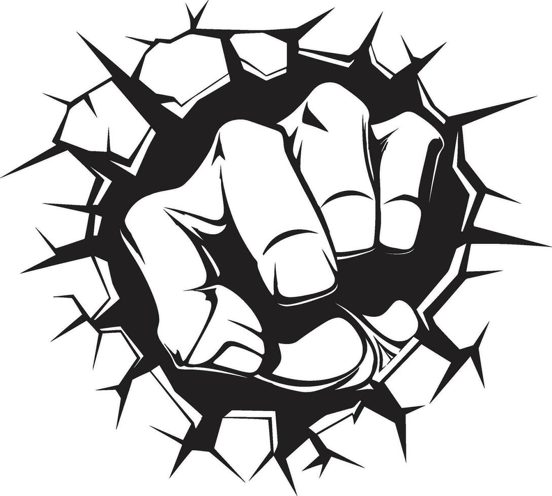 Mighty Impact Black Fist and Wall Logo Vector Icon Punching Through Cartoon Fist and Cracked Wall Emblem