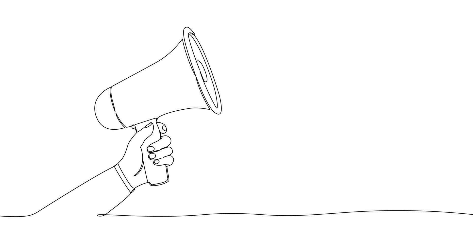 One line drawing hand with megaphone. Vector illustration.