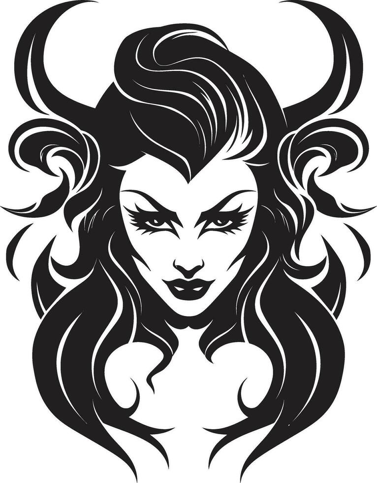 vector arte oscuro diabólico encanto con encantador demonio elegante enigma desvelado tentador demonio emblema en negro