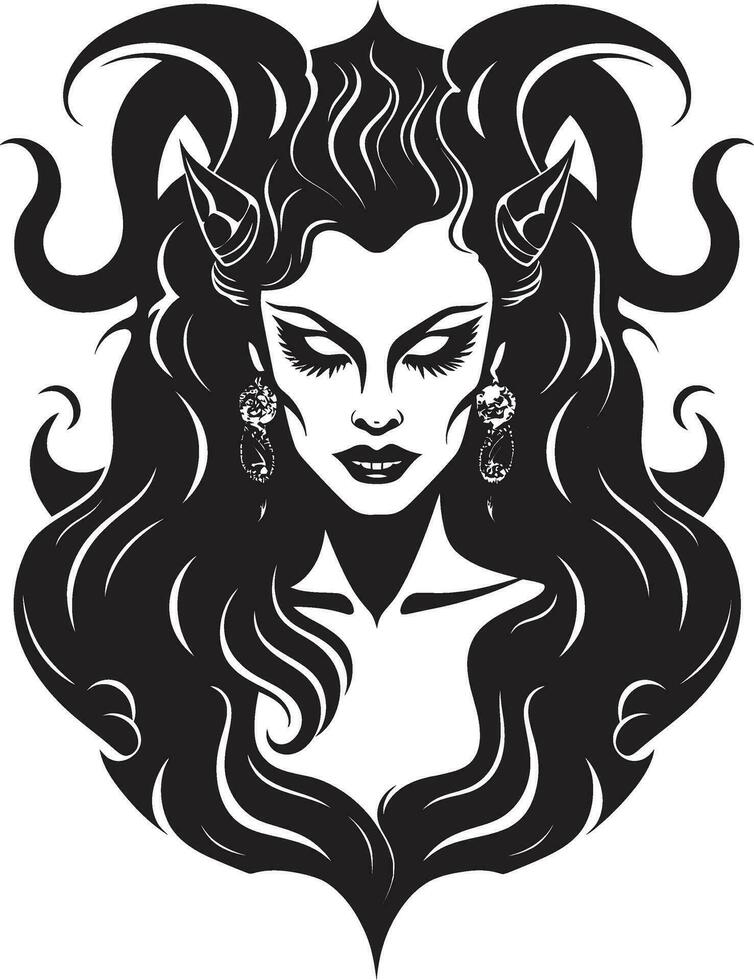 Sultry Enchantment in Black Iconic Demon Logo Seductive Allure Beautiful Female Demon Emblem in Vector