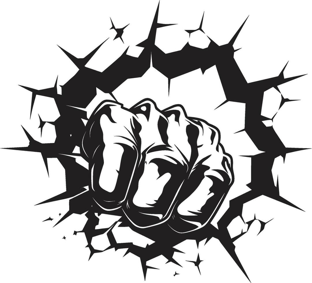 Impactful Power Black Logo Design with Fist and Wall Black and Bold Cartoon Fist Breaking Wall Vector