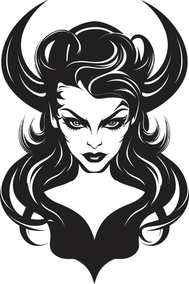 majestuoso encantamiento hermosa hembra demonio logo demonio elegancia en monocromo negro vector icono