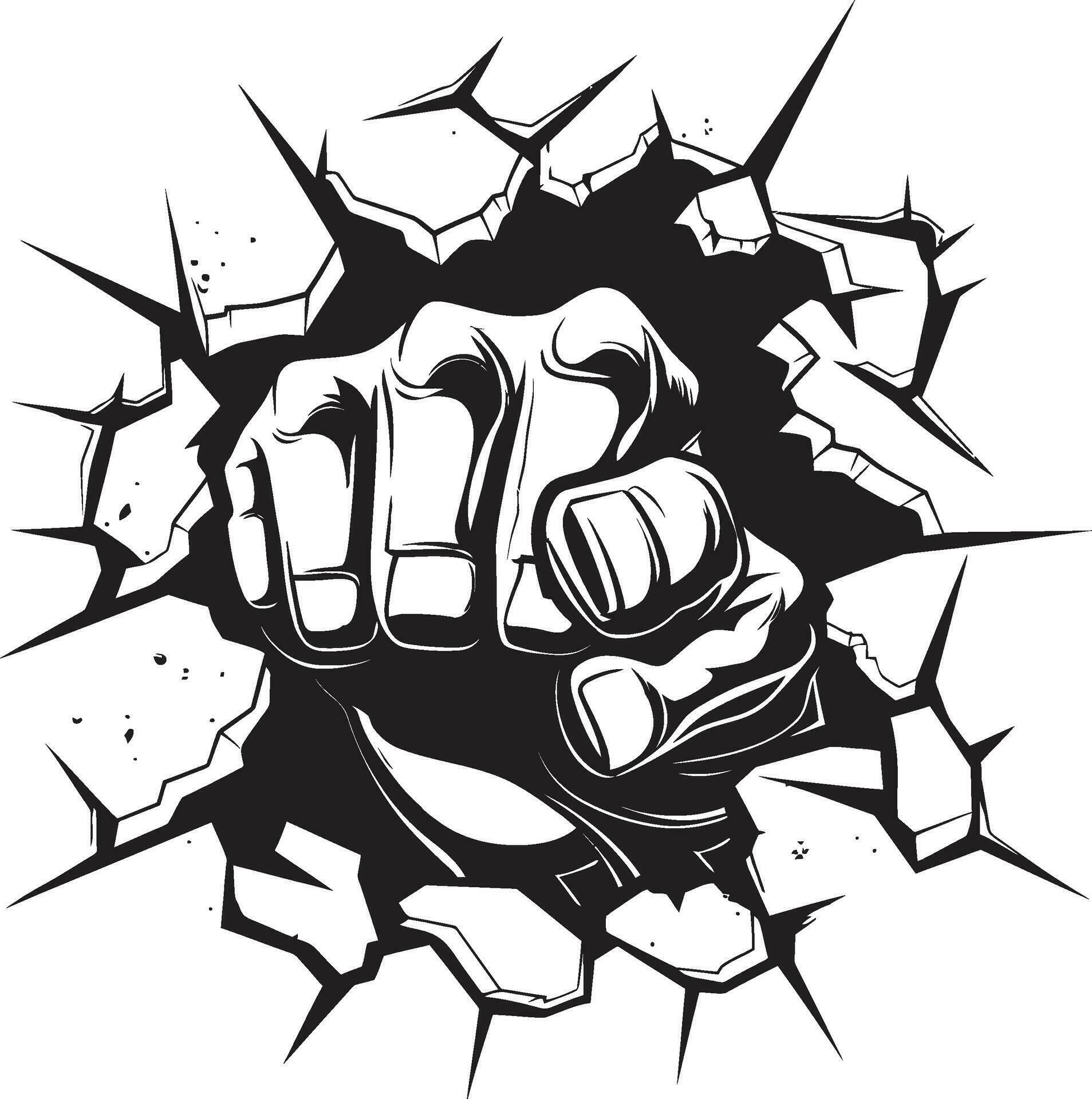 Black and Bold Cartoon Fist Breaking Wall Vector Iconic Force Cartoon ...