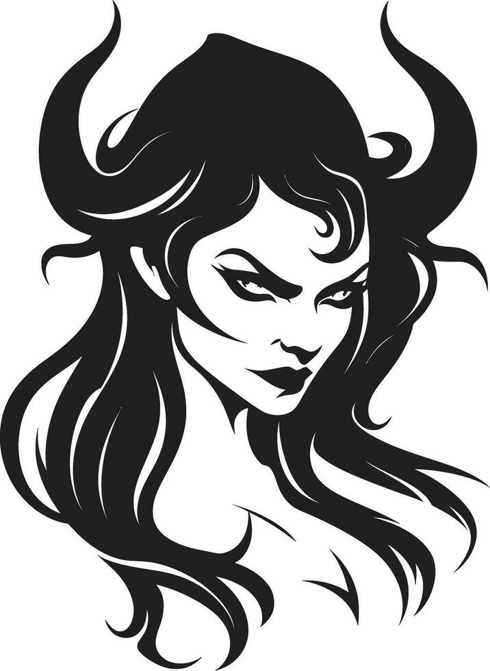 elegante diabólico Arte desvelado encantador demonio en negro pecaminoso seductora hermosa demonio logo diseño vector